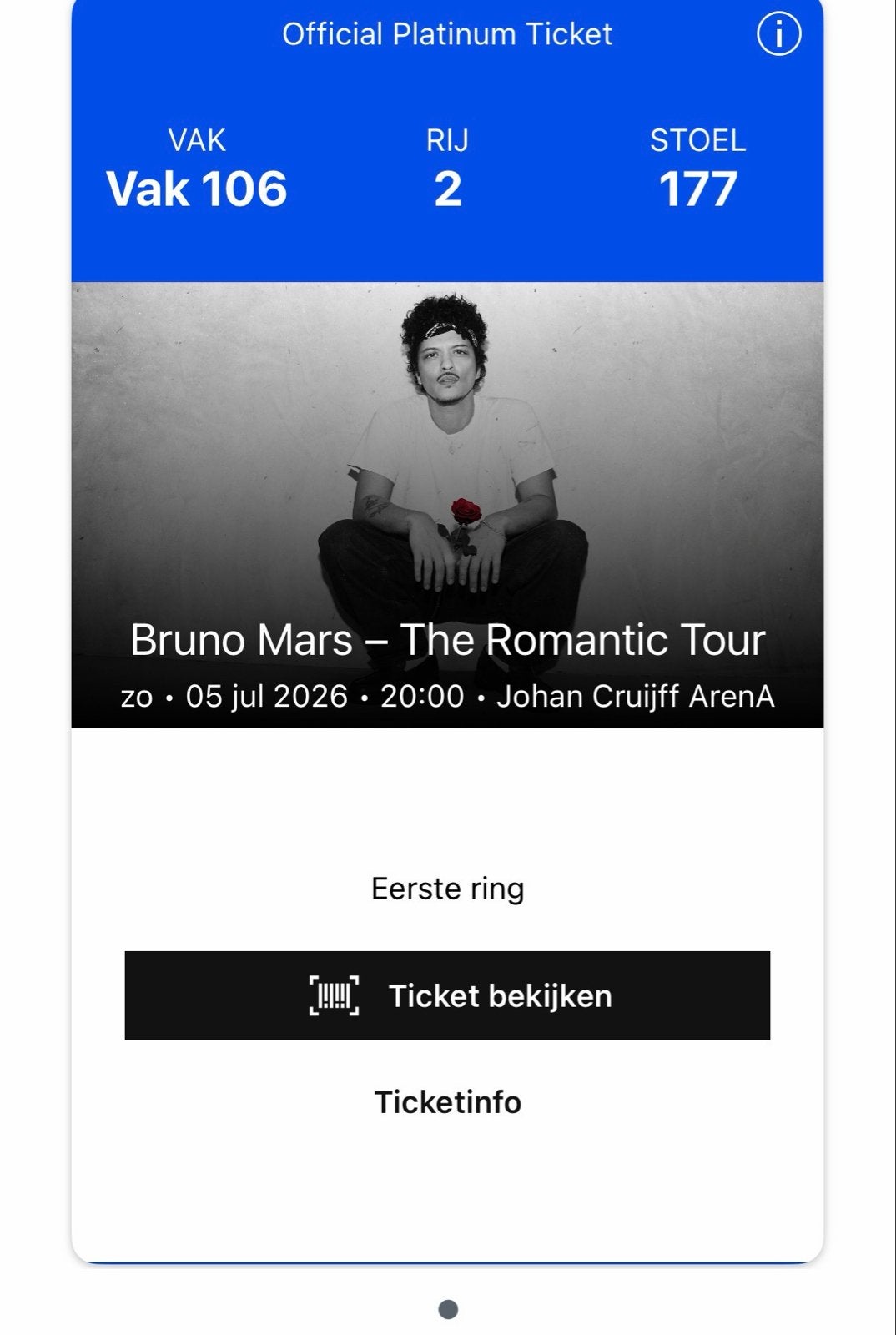 Bruno Mars ticket!, Tickets en Kaartjes, Concerten | Pop, Eén persoon