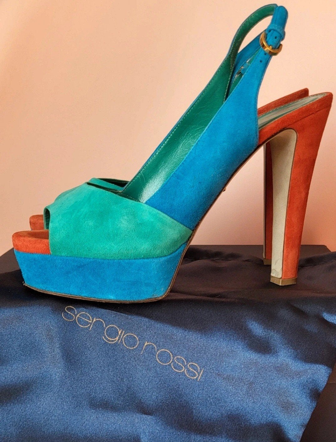 Sergio Rossi tricolore Sandalen pumps 39,5, Kleding | Dames, Schoenen, Ophalen of Verzenden, Zo goed als nieuw, Blauw, Sandalen of Muiltjes
