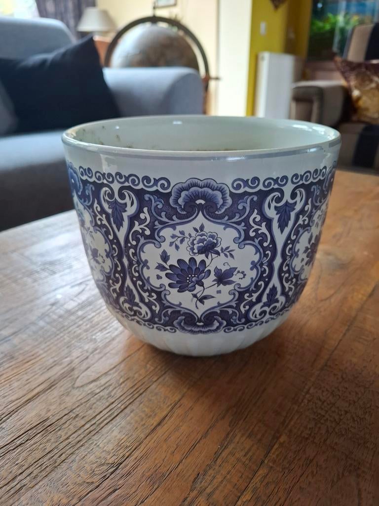Frankton Delfts Blauwe Bloempot - Tegelen Holland, Rond, Ophalen of Verzenden, Zo goed als nieuw, Aardewerk
