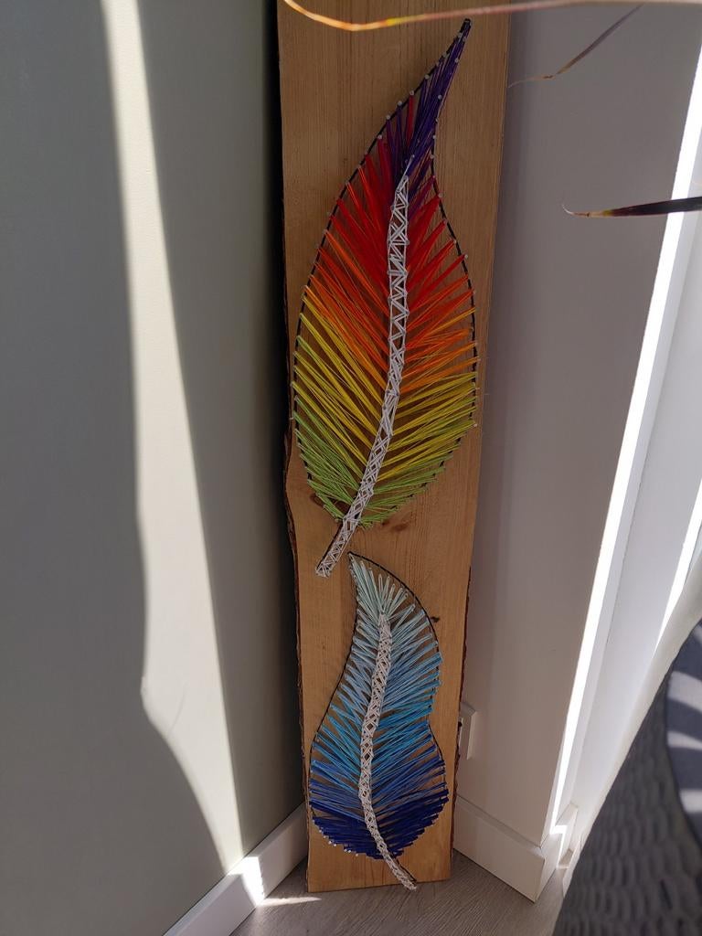 Wanddecoratie veren - String Art - Handgemaakt, Ophalen, Hout, Meerkleurig, Handgemaakt