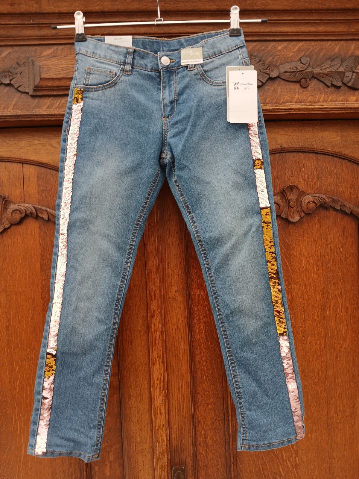 Dopodopo nieuwe jeans maat 128 met pailletten, Broek, Meisje, Nieuw, Ophalen of Verzenden
