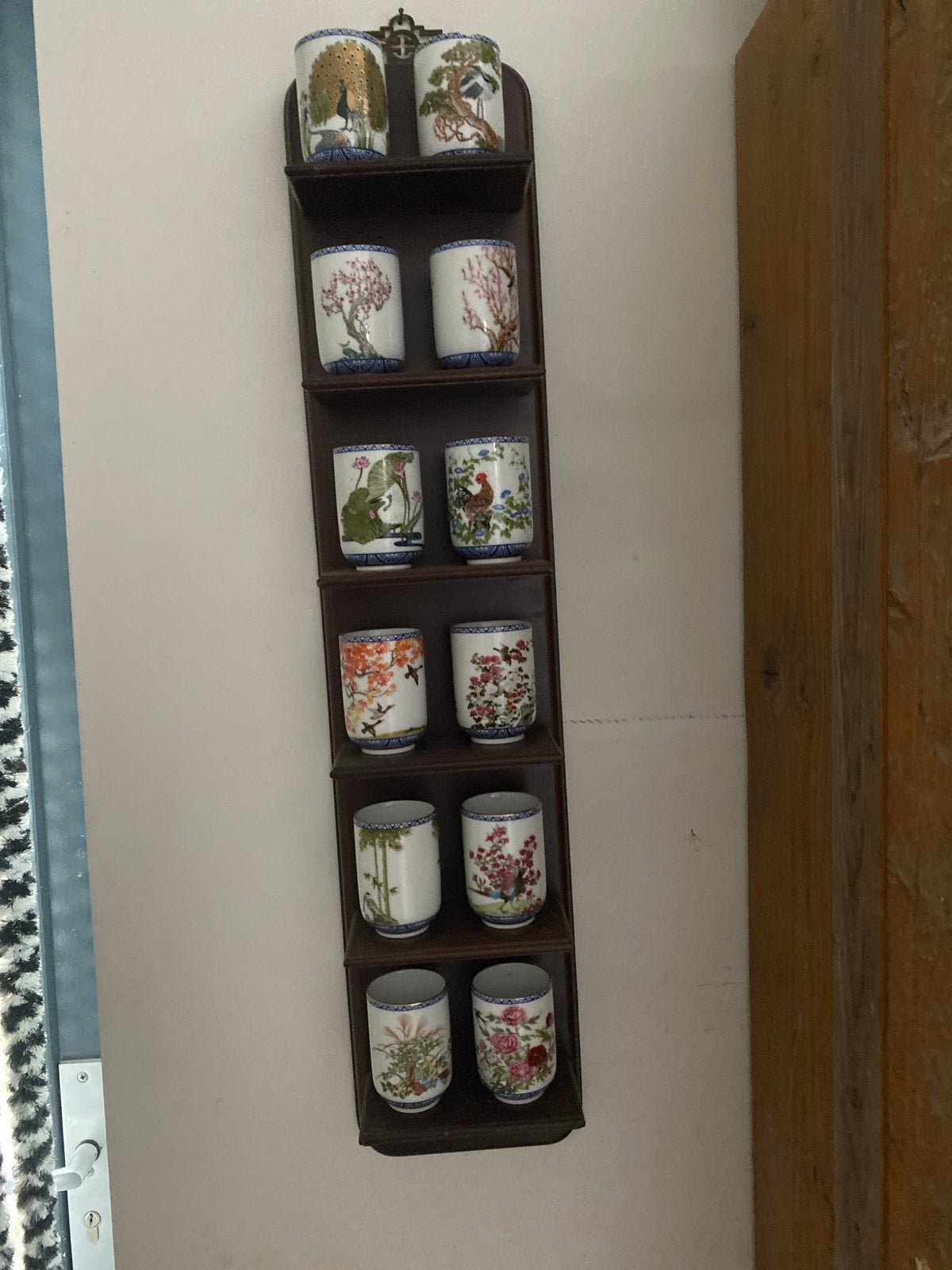 Set van 10 vintage Japanse theekopjes op houten rek, Ophalen of Verzenden