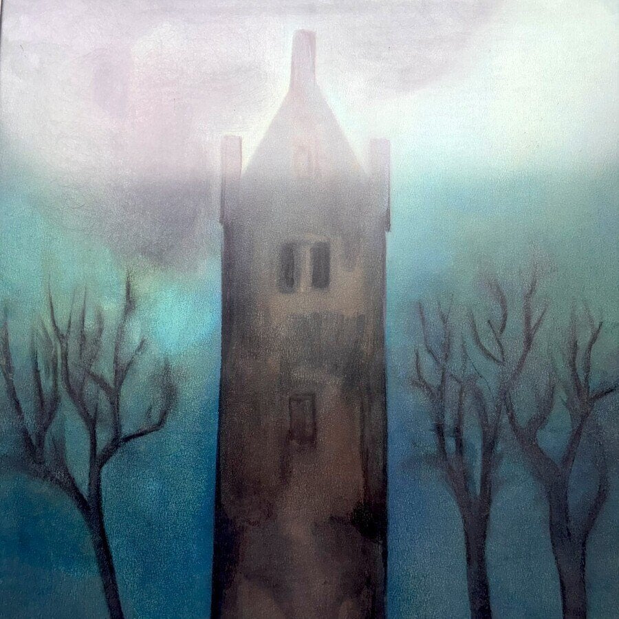 Jan Murk de Vries, begraafplaats met centraal een hoge toren, Ophalen of Verzenden