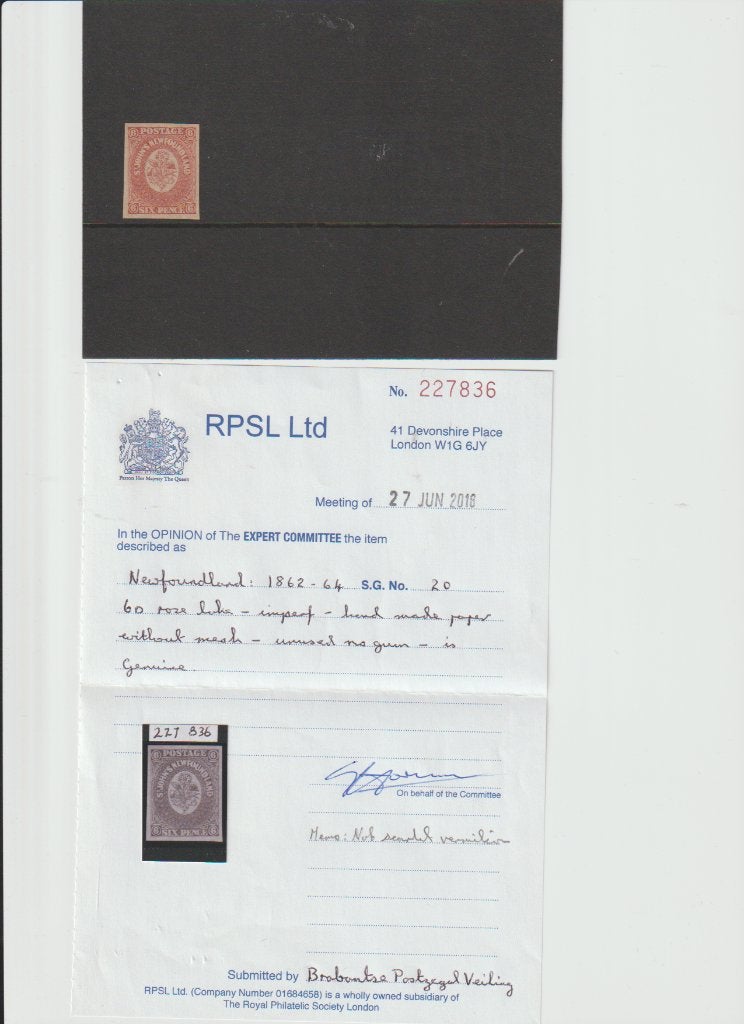Newfoundland SG 20 ongestempeld CW 650,- incl. attest, Ophalen of Verzenden, Postfris, Noord-Amerika