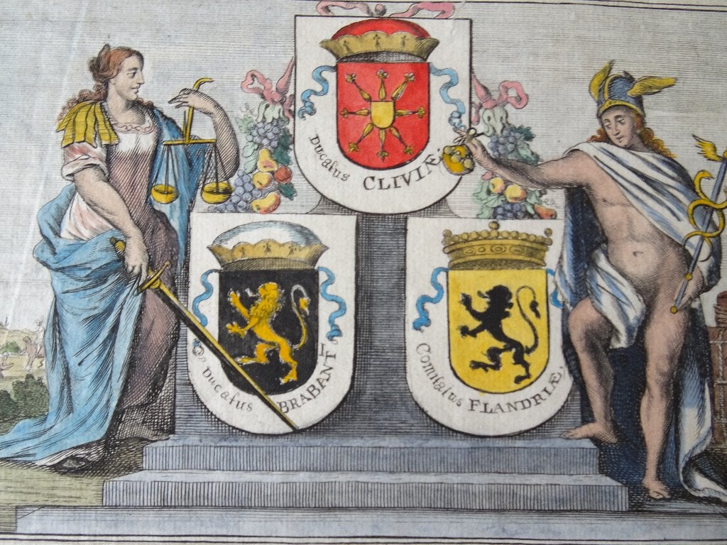 kleur gravure allegorisch Brabant Vlaanderen Bouttats, 1674, Verzenden, Cartografie, 1600 - 1699, Gravure