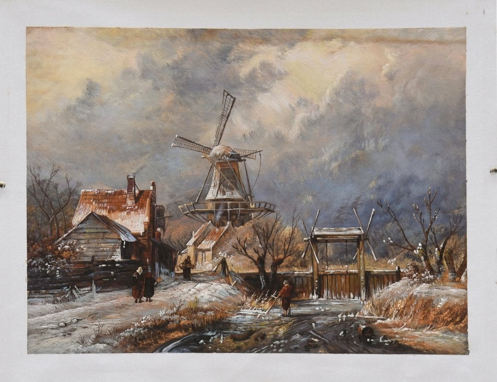 Olieverfreplica Leickert: Bevroren sloot met schutsluis, Landschap, Olieverf, Klassiek, Doek