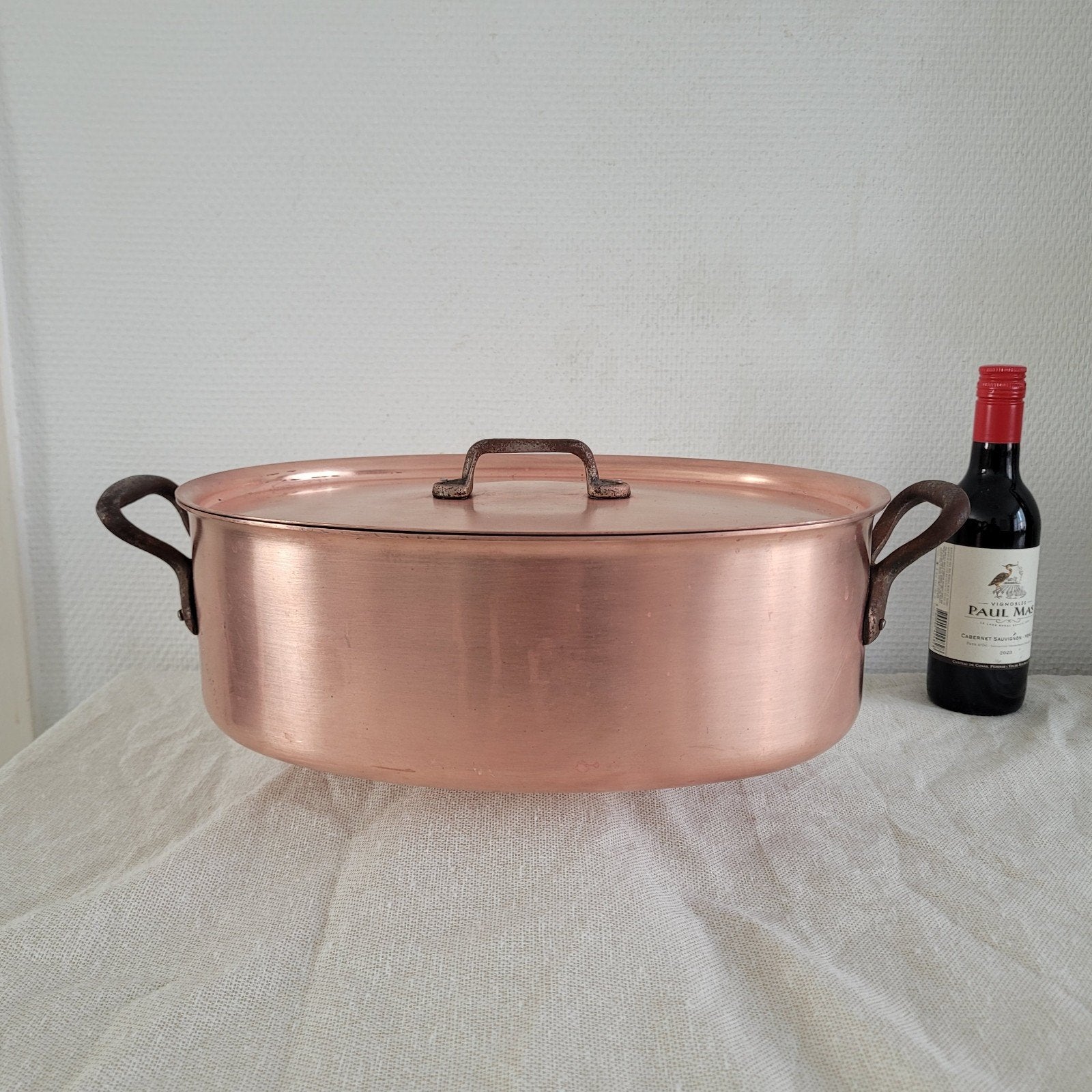 Grote dikwandige ovale koperen horeca pan 3.1 kilo  31 cm, Ophalen of Verzenden, Gebruikt, Rvs, Koekenpan of Braadpan