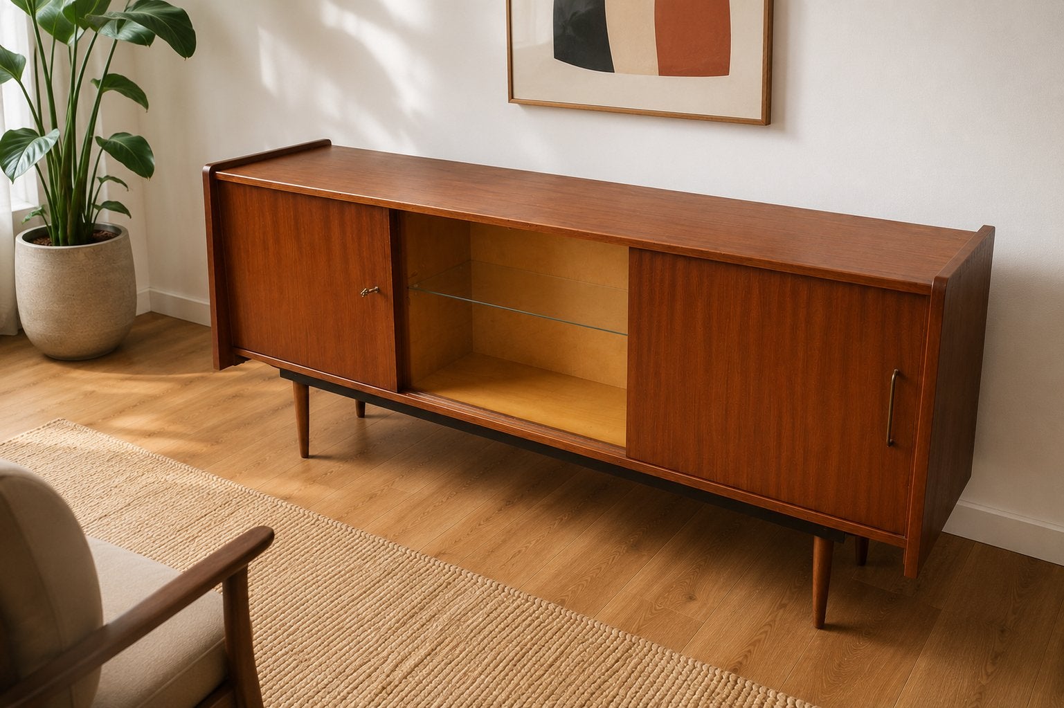 Vintage Mid-Century dressoir/sideboard met glazen middenvak, Vintage, Vintage, Ophalen of Verzenden, Zo goed als nieuw