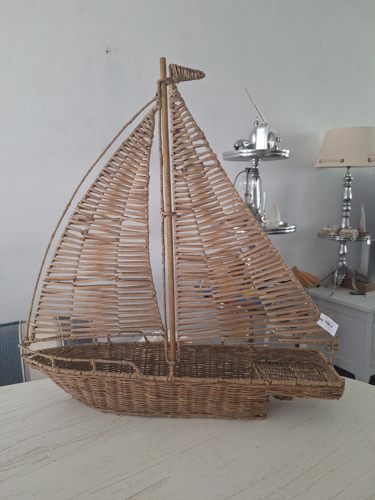 Riviera maison rustic rattan sailboat groot BIEDEN, Huis en Inrichting, Woonaccessoires | Overige, Ophalen, Zo goed als nieuw