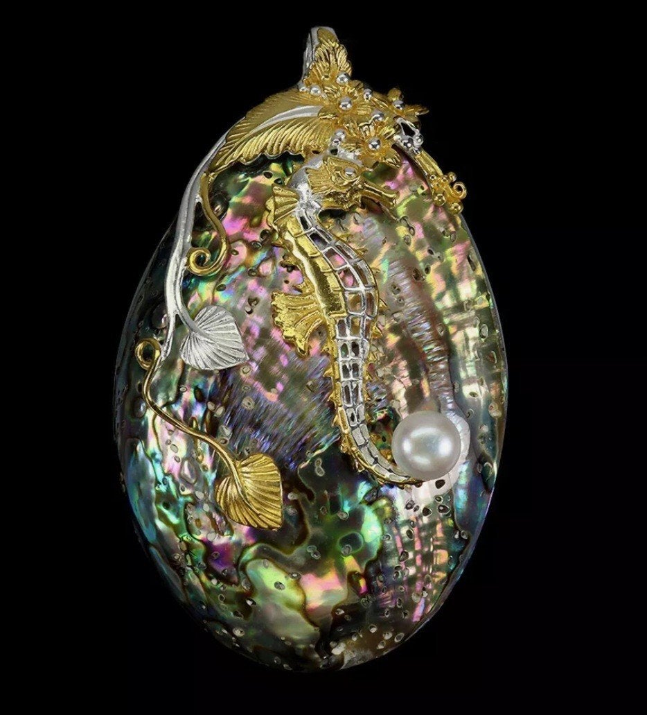 Grote 925 Zilveren Zeepaard Hanger Abalone Schelp en Parel, Nieuw, Ophalen of Verzenden, Met parel, Zilver