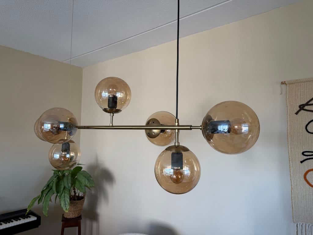 Moderne hanglamp met amberkleurige glazen bollen - goud, Ophalen, Zo goed als nieuw, Glas, 75 cm of meer