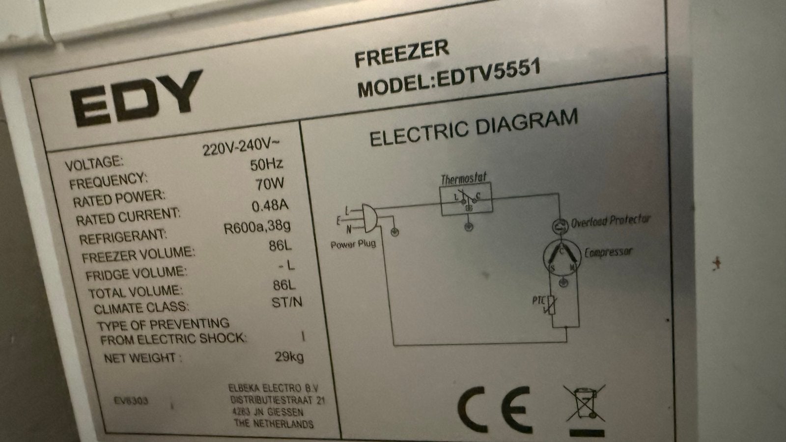 EDY Vriezer EDTV5551 - Compacte Vrieskast 86L, Gebruikt, Minder dan 60 cm, Vrijstaand, Ophalen