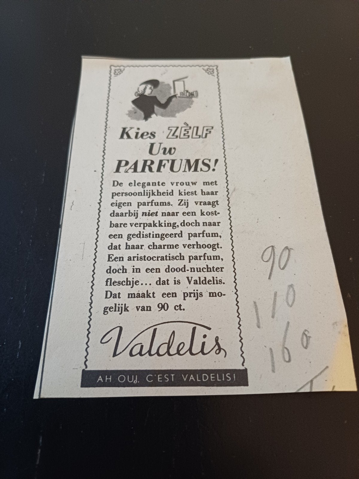 advertentie Valdelis parfum kies zelf 1946, Ophalen of Verzenden, Zo goed als nieuw, Miniatuur