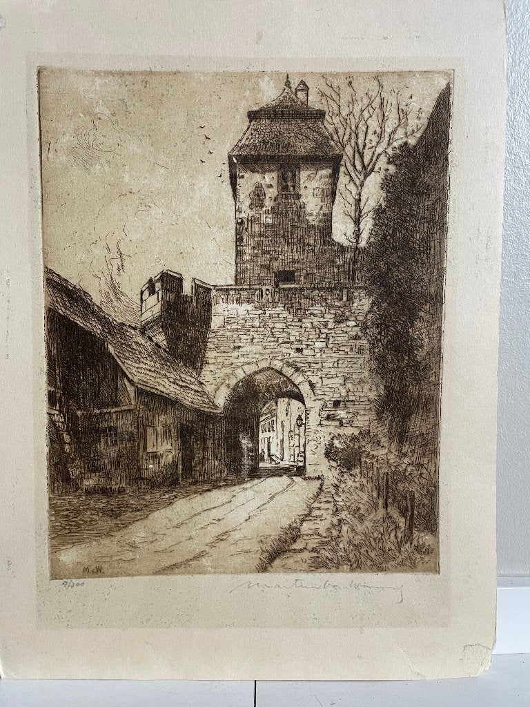Martin van Waning - Stadspoort met toren - 17/30, Antiek en Kunst, 30 cm, Ets, Stadsgezicht, 22 cm