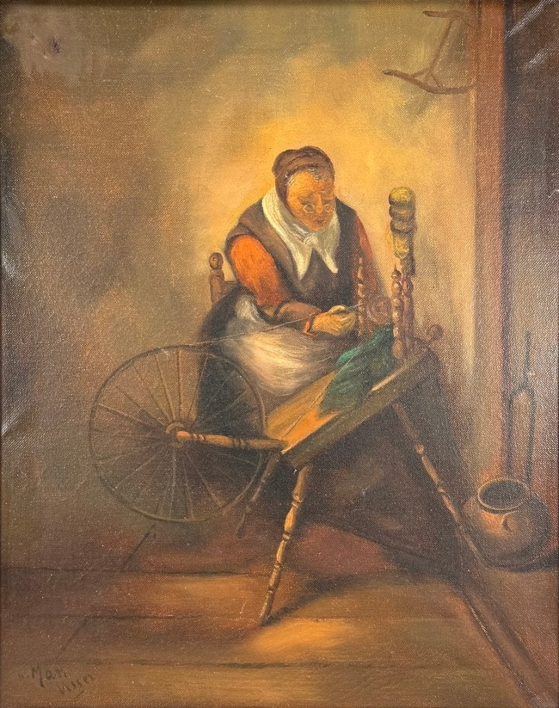 343. Olieverfschilderij - spinster, ca. 1920, Antiek en Kunst, Kunst | Schilderijen | Modern, Ophalen, Ingelijst, Olieverf, Figuren