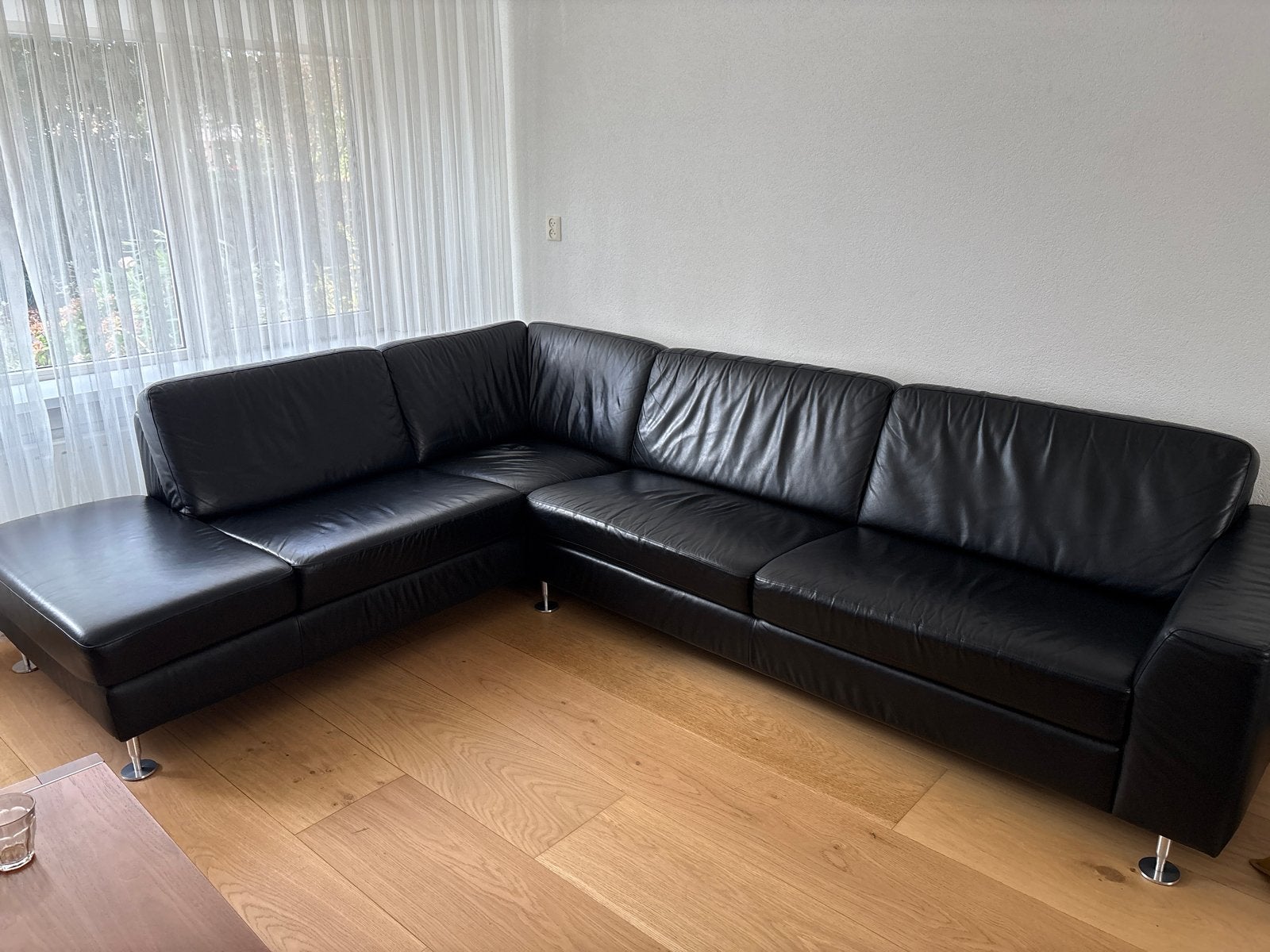 Montèl Hoekbank Zwart Leer - 298x217, Ophalen, Gebruikt, 100 tot 125 cm, Hoekbank