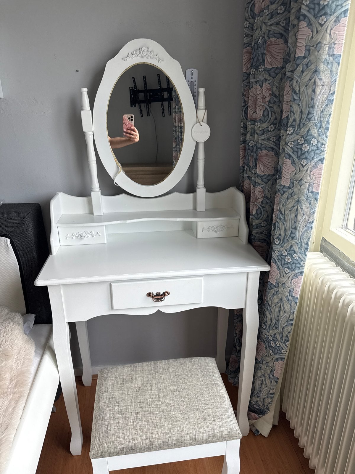 Witte kaptafel met spiegel en krukje, Ophalen, Gebruikt, 100 tot 150 cm, 50 tot 100 cm