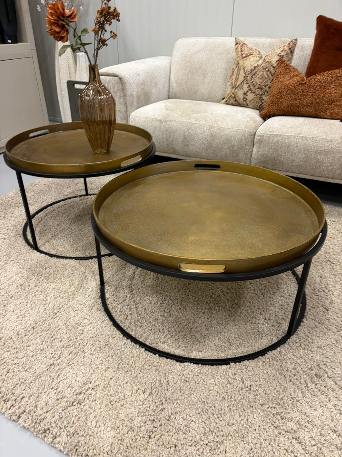 Set van 2 goudkleurige salontafels, Ophalen, Zo goed als nieuw, Rond, 50 tot 100 cm
