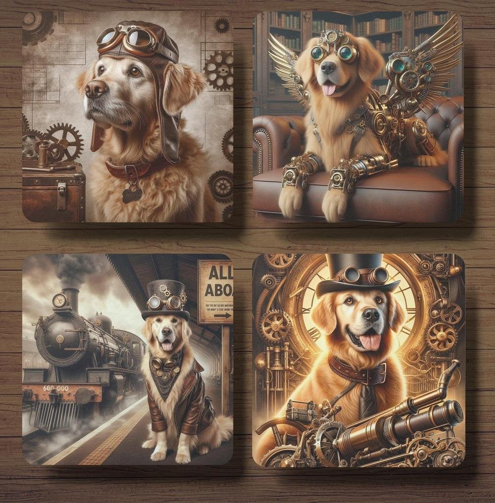 Golden Retriever Steampunk onderzetters met houder, Huis en Inrichting, Ophalen of Verzenden, Nieuw