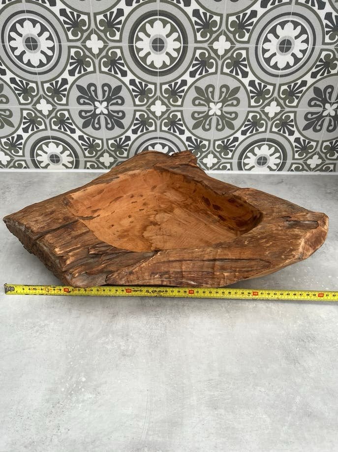 Unieke grote (52cm) teakhouten schaal, Schaal, Ophalen of Verzenden, Handgemaakt, Overige vormen
