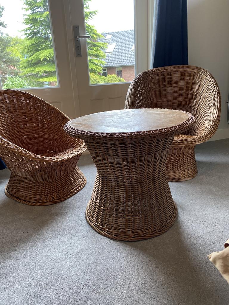 Rotan set jaren 60., Huis en Inrichting, Stoelen, Ophalen, Gebruikt, Twee, Bruin