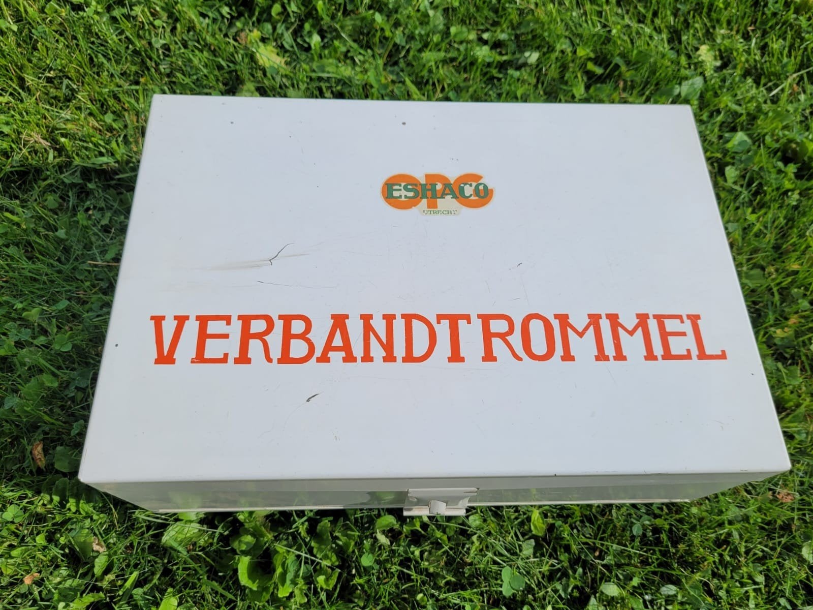 Oude retro verbanddoos esbaco schoolverbandtrommel 32 x 22 c, Ophalen of Verzenden, Huis en Inrichting