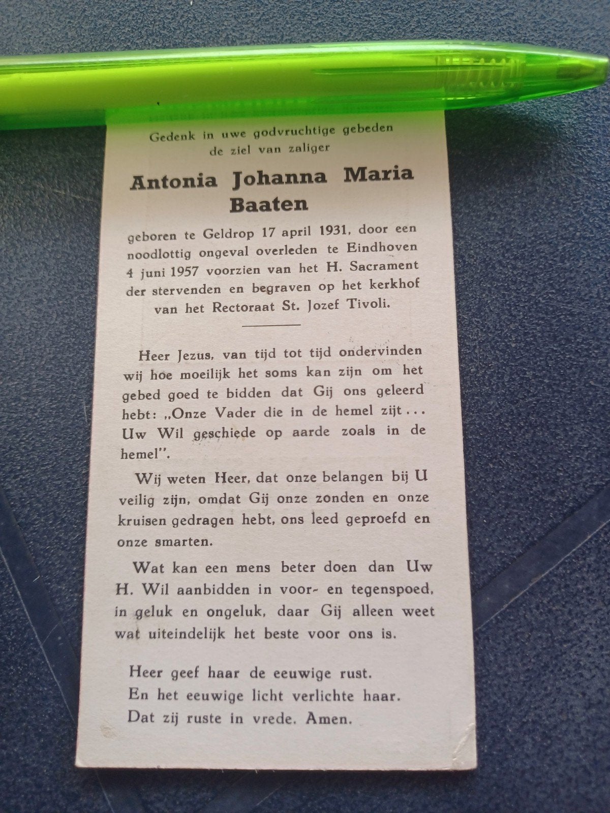 Bidprentje Geldrop Eindhoven Antonia Baaten 1931 1957, Ophalen, Bidprentje