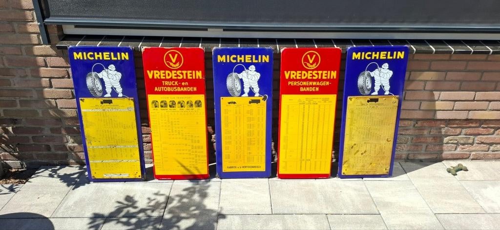 Set van 5 vintage emaille reclameborden Michelin Vredestein, Ophalen, Gebruikt, Reclamebord