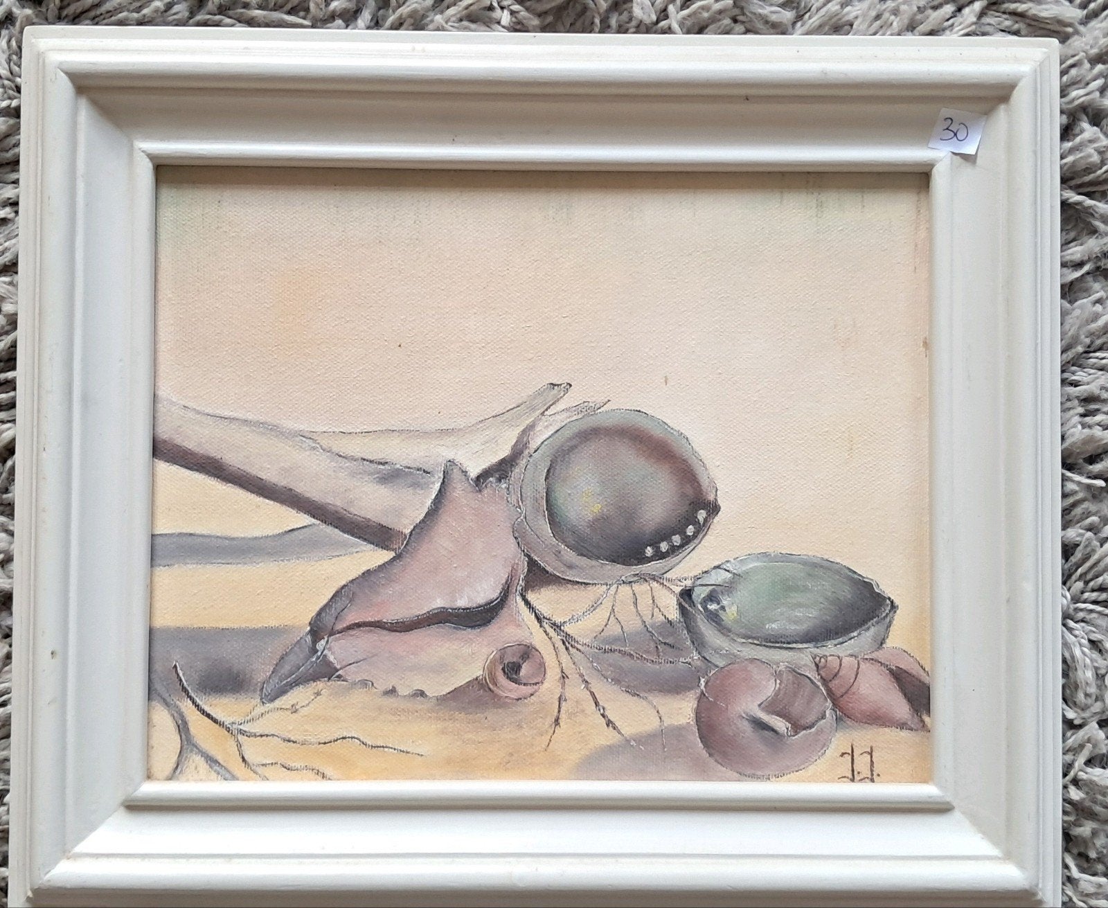 30. Stilleven met schelpen - Ingelijst schilderij, Antiek en Kunst, Doek, Realistisch, Stilleven, Ophalen of Verzenden