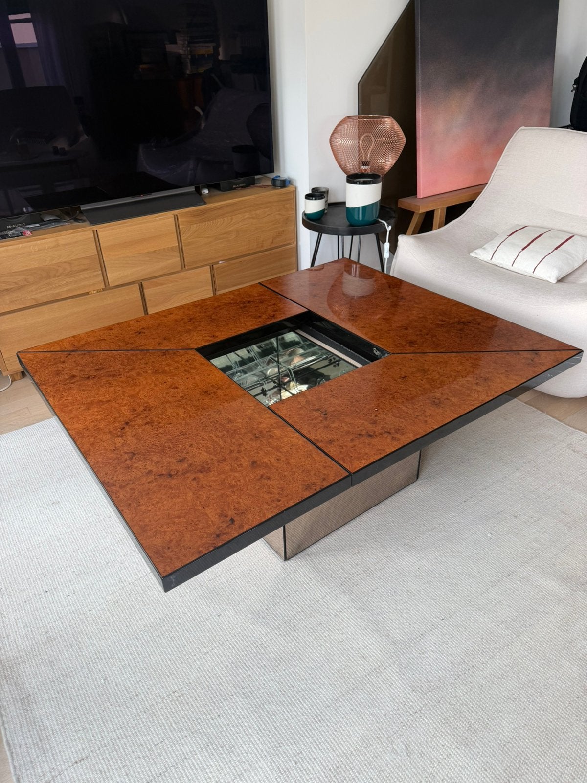 Salontafel bar Roche bobois Paul michel Iepen en spiegels, 100 tot 150 cm, Zo goed als nieuw, Rechthoekig, 50 tot 100 cm