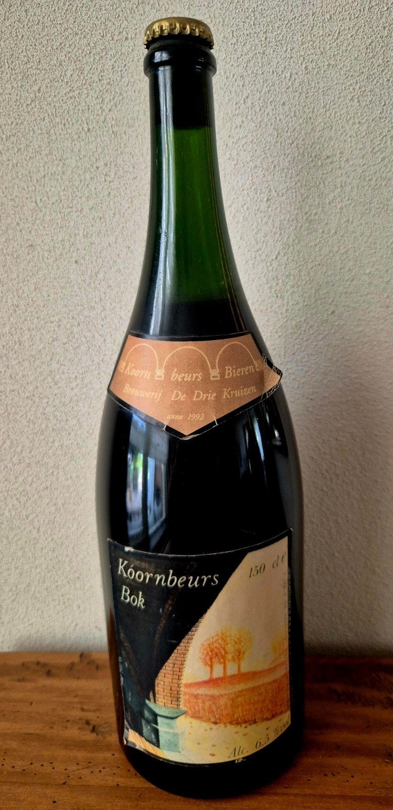 1992 fles 1,5 ltr Koornbeurs Bok bier Br. De Drie Kruizen, Verzamelen, Ophalen of Verzenden, Zo goed als nieuw, Flesje(s), Overige merken