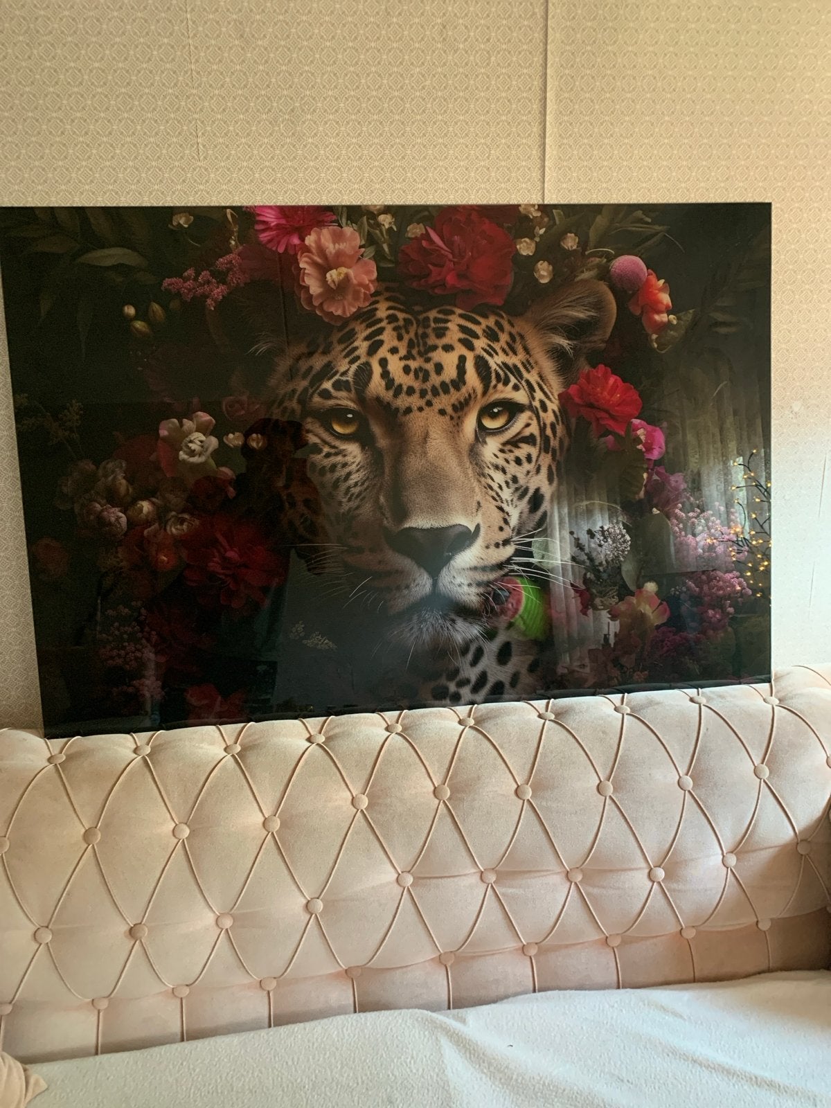 Schilderij luipaard met bloemen, Antiek en Kunst, Ophalen of Verzenden