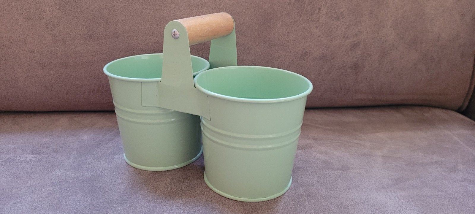 Decoratieve metalen emmertjes met houten handvat, Groen, Ophalen of Verzenden, Metaal, Landelijk