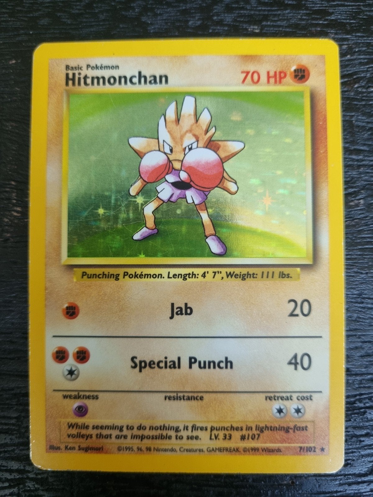 Hitmonchan 7/102 base set engels , rare holo * € 10, Ophalen of Verzenden, Gebruikt, Losse kaart, Foil