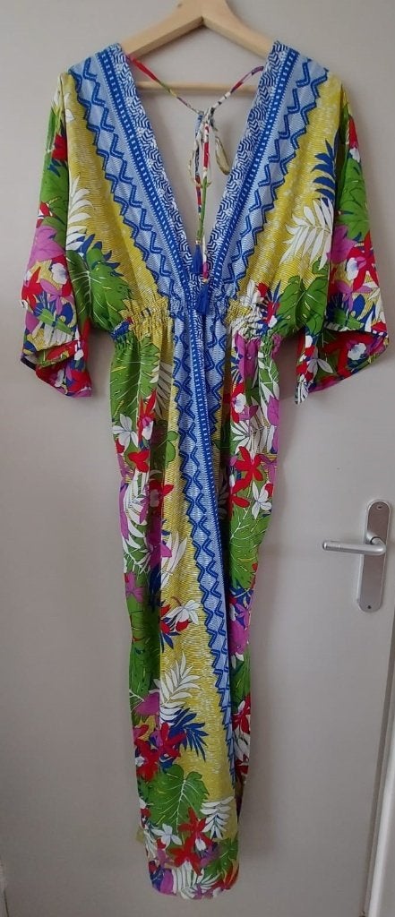 Kleurrijke Kaftan Jurk met Tropische Print, maat 42, Meerkleurig, Maat 42/44 (L), Ophalen of Verzenden, Zo goed als nieuw