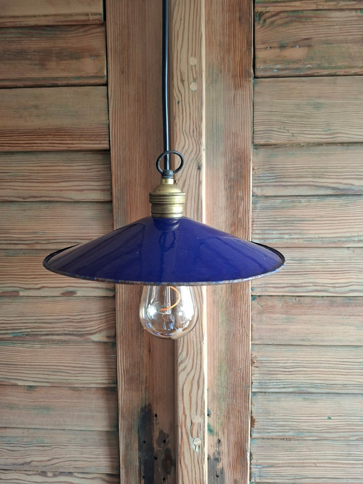 Blauw emaille schotellamp , vintage hanglamp, Ophalen of Verzenden