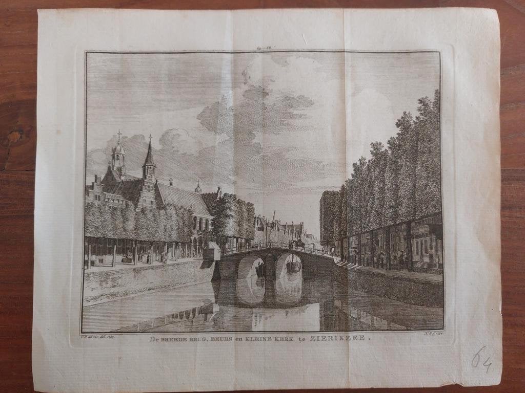 65-68 / De Breede Brug en Kleine kerk Zierikzee Gravure 1754, Ophalen of Verzenden
