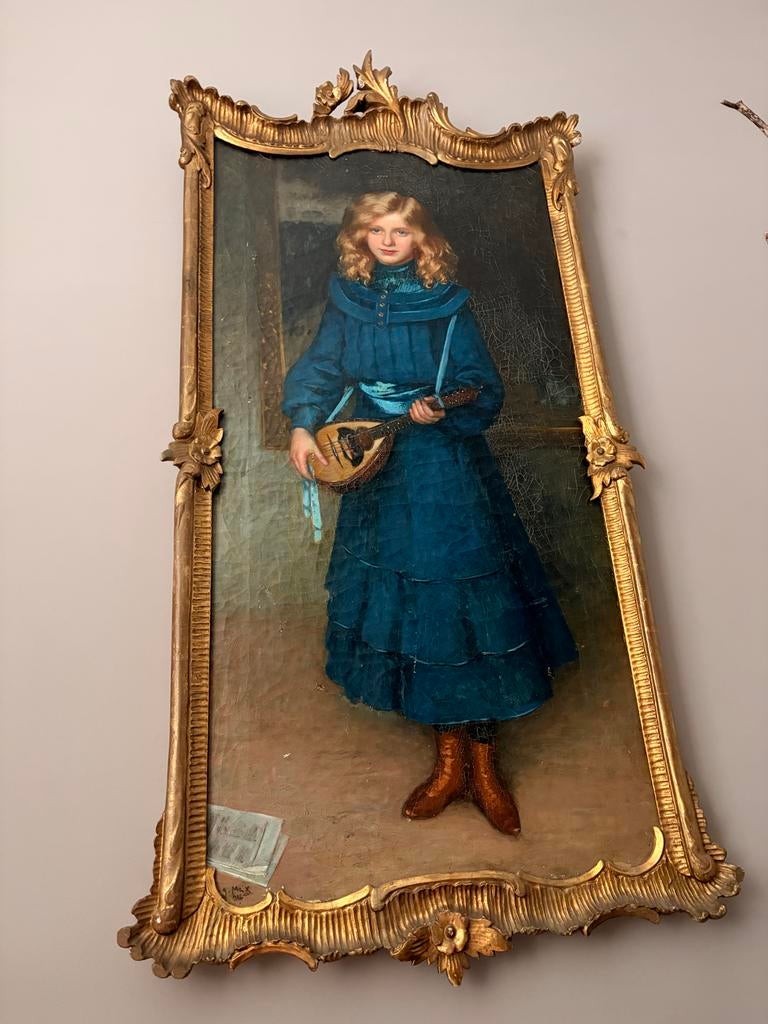 Antiek Schilderij: Meisje met Mandoline in Gouden Lijst, Ophalen of Verzenden
