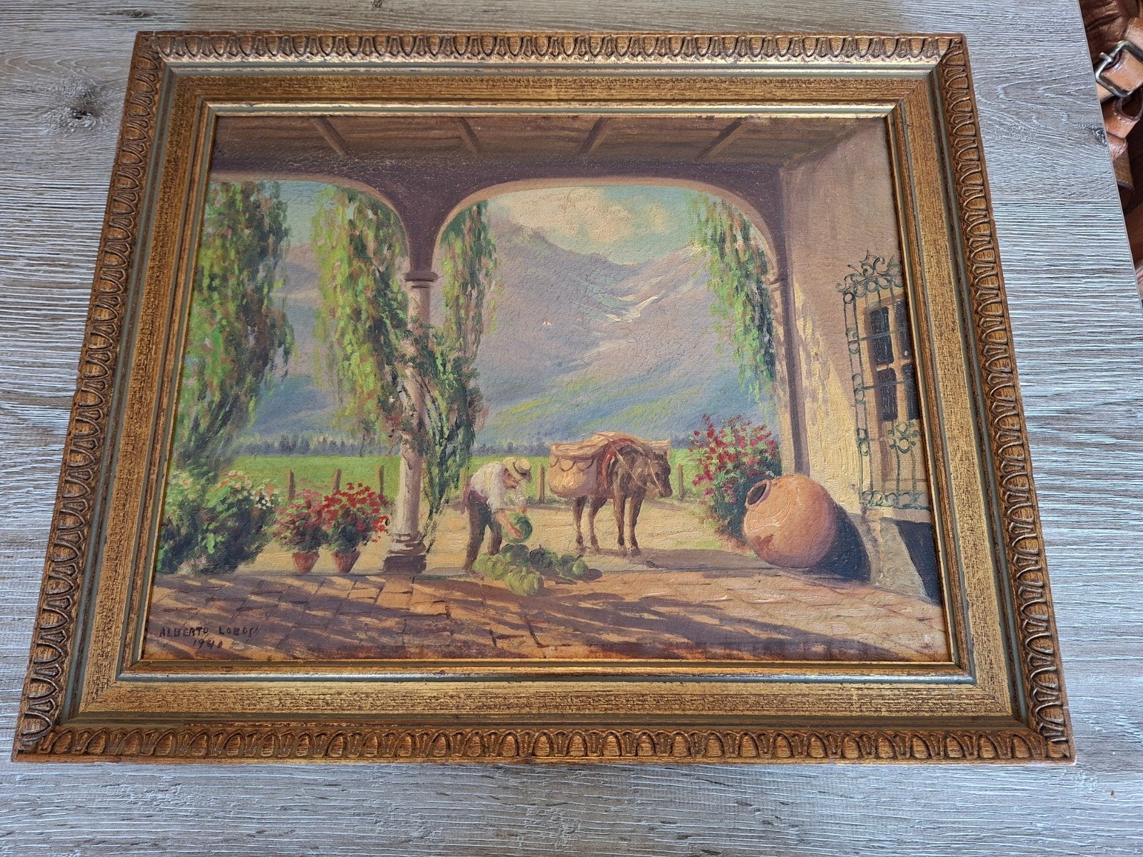 Zonnige binnenplaats met paard en traditionele kruiken, Antiek en Kunst, Kunst | Schilderijen | Klassiek, Acrylverf, Doek, Impressionistisch