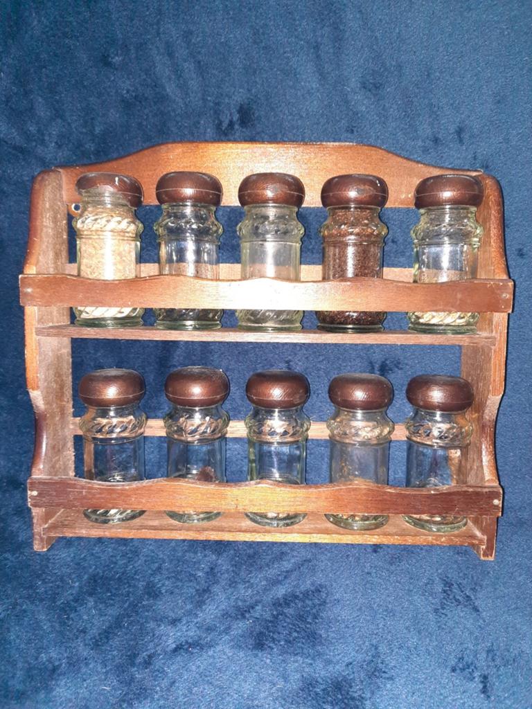 Vintage houten kruidenrekje met potjes, Ophalen, Gebruikt, Bruin, Vintage