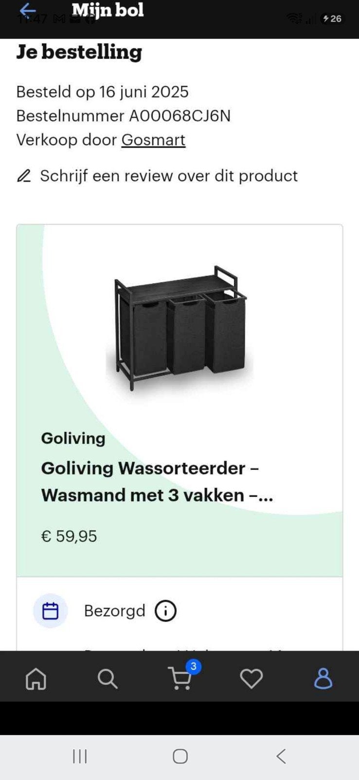 Goliving Wassorteerder - Wasmand met 3 vakken, Ophalen, Zo goed als nieuw