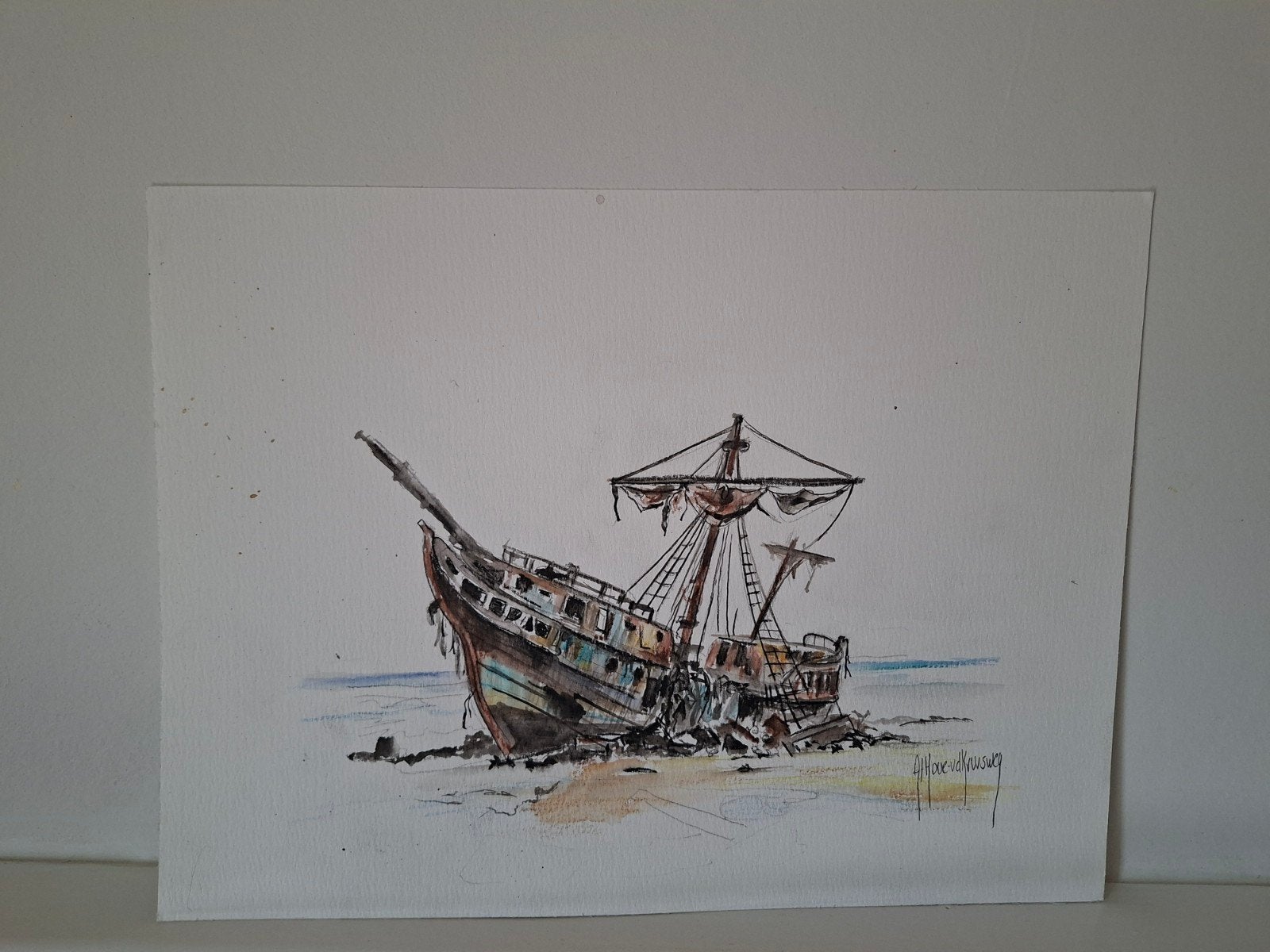 Schilderij Scheepswrak op Strand - Maritiem Aquarel, Antiek en Kunst, Maritiem / water, Realistisch, Ophalen of Verzenden, Aquarel