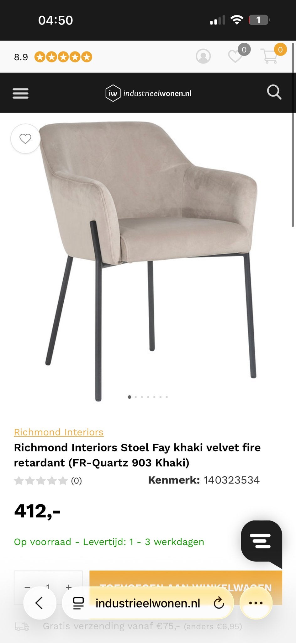 Nieuwe Richmond Interiors Stoelen Fay Khaki Velvet -, Huis en Inrichting, Stoelen, Ophalen, Overige kleuren, Nieuw, Eén