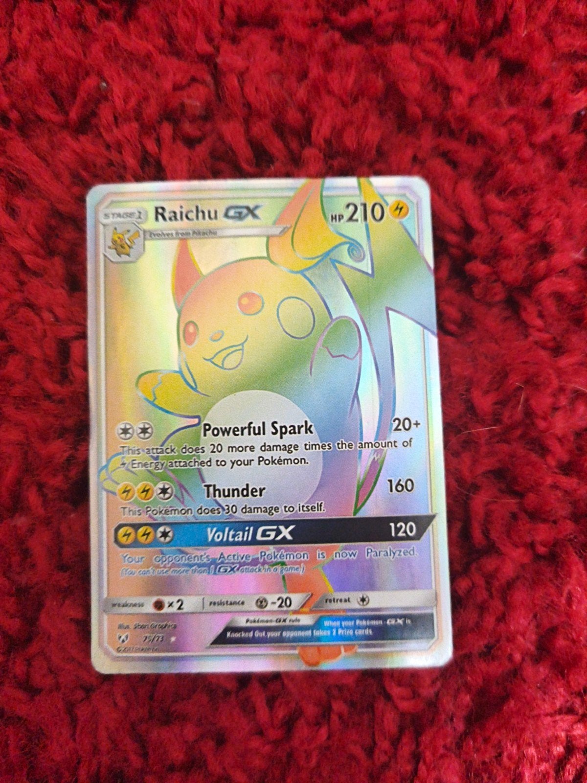 Raichu GX Full Art Rainbow Pokémon Kaart 75/73, Ophalen of Verzenden, Zo goed als nieuw, Losse kaart, Foil