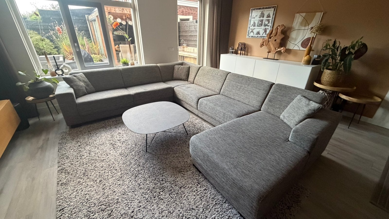 Comfortabele ruime grijze hoekbank in u-vorm van De Bommel, Ophalen, Gebruikt, Hoekbank, 300 cm of meer