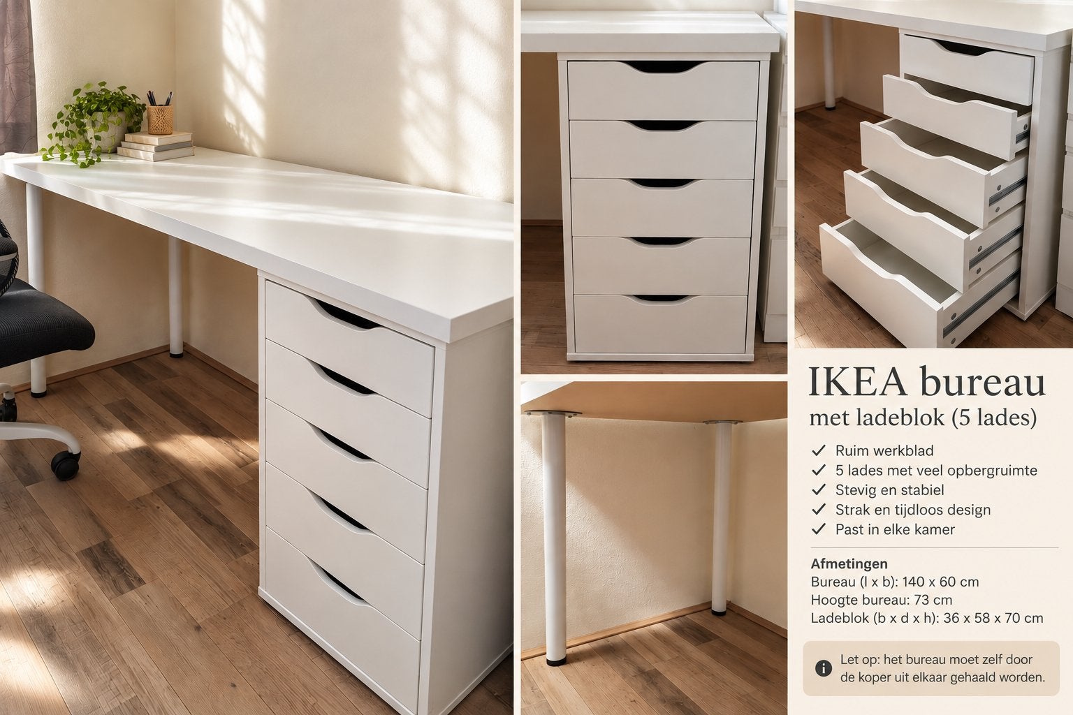 Wit IKEA bureau met ladeblok – 5 lades, Huis en Inrichting, Ophalen, Zo goed als nieuw