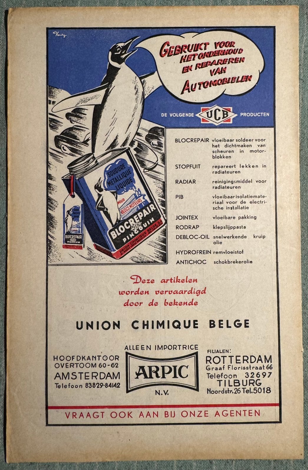 Advertentie Arpic Union Chimique Belge, Verzenden