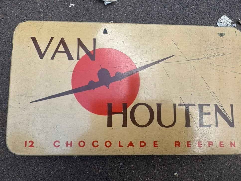 Vintage Art Deco Chocoladeblik Van Houten Jaren 30 Vliegtuig, Ophalen of Verzenden, Gebruikt, Overige