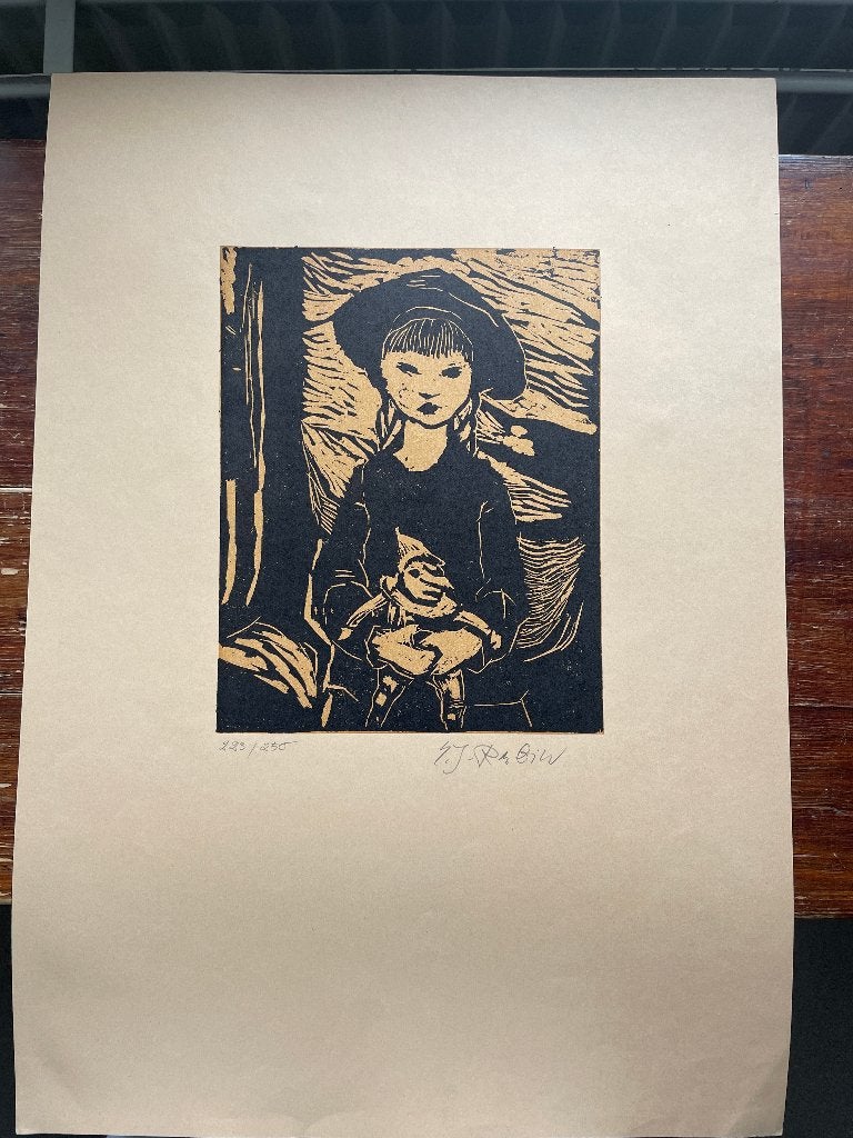 Eva Johanna Rubin houtsnede Kind met een pop gesigneerd, Portret en Figuren, Gesigneerd, Houtsnede, Ophalen of Verzenden