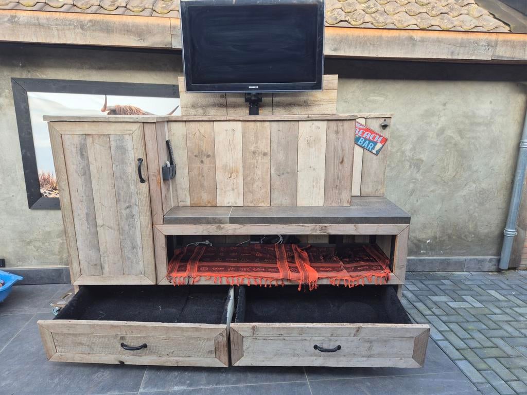 Steigerhouten buitenkeuken televisiemeubel met koelkast, Ophalen, Houtskool
